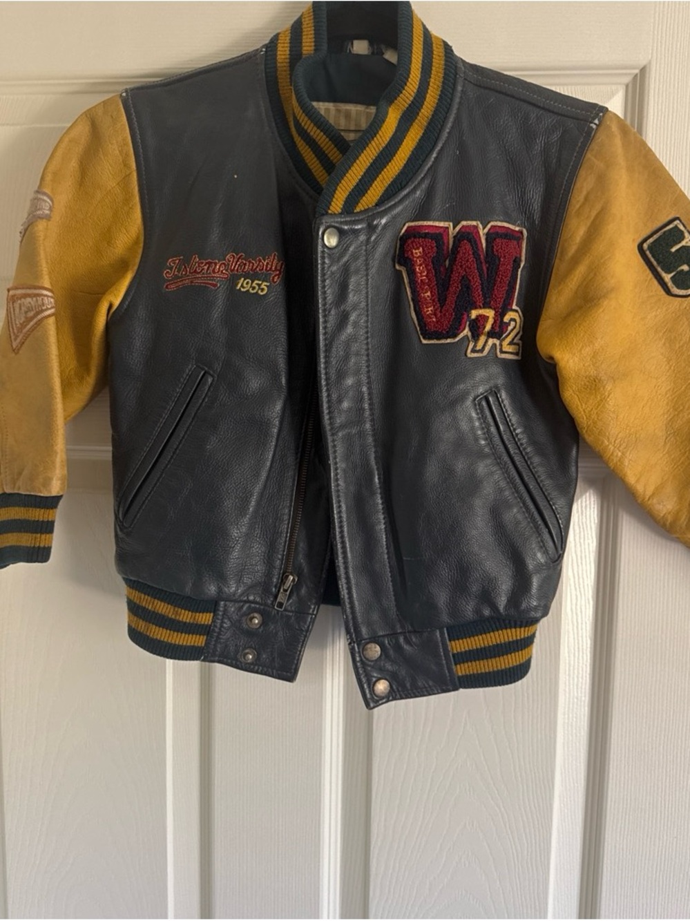 Vintage J. Stone Kids Black and Yellow Leather Letterman Jacket